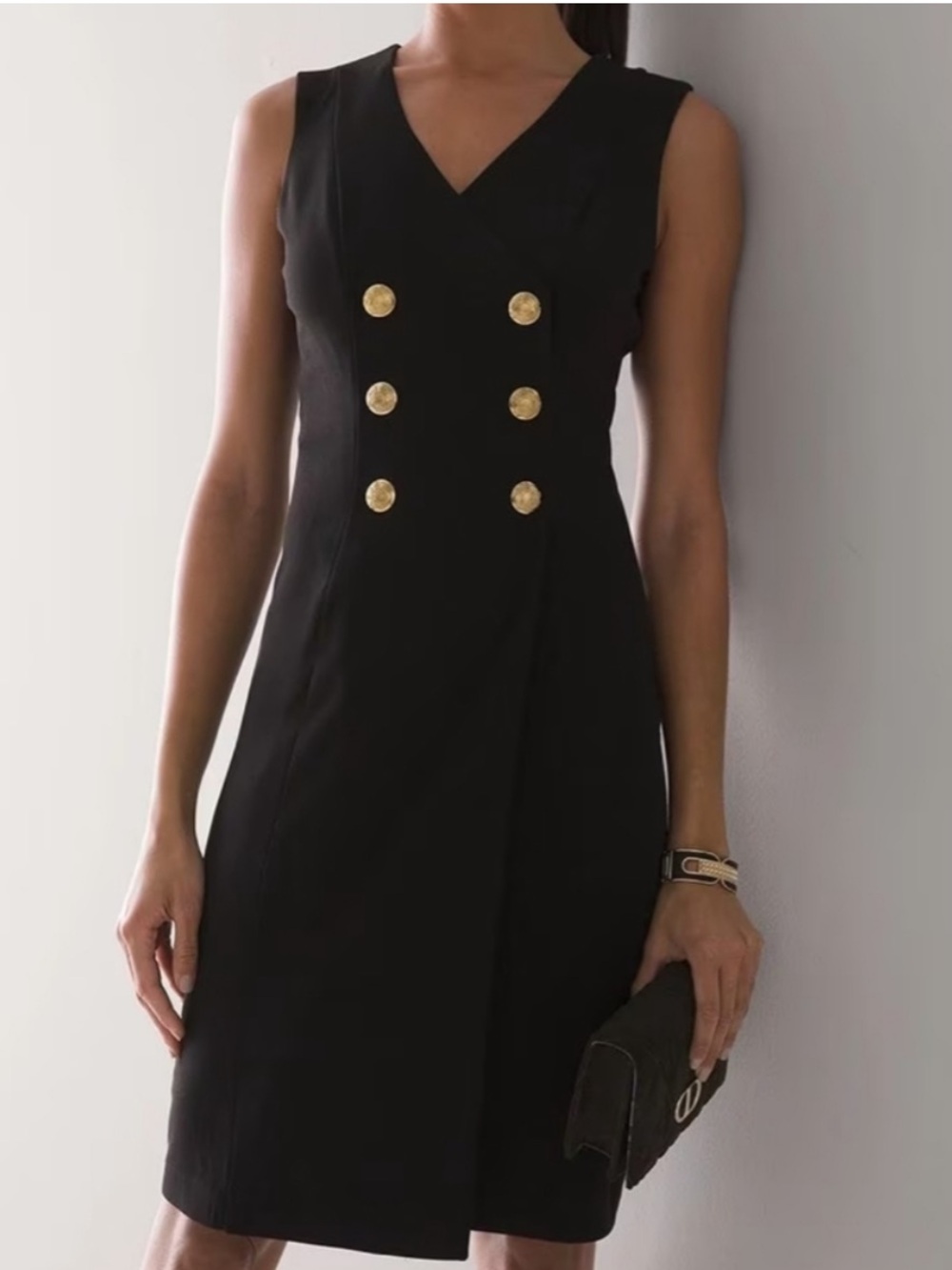 White House Black Market Black V-Neck Sheath Dress with Gold Buttons